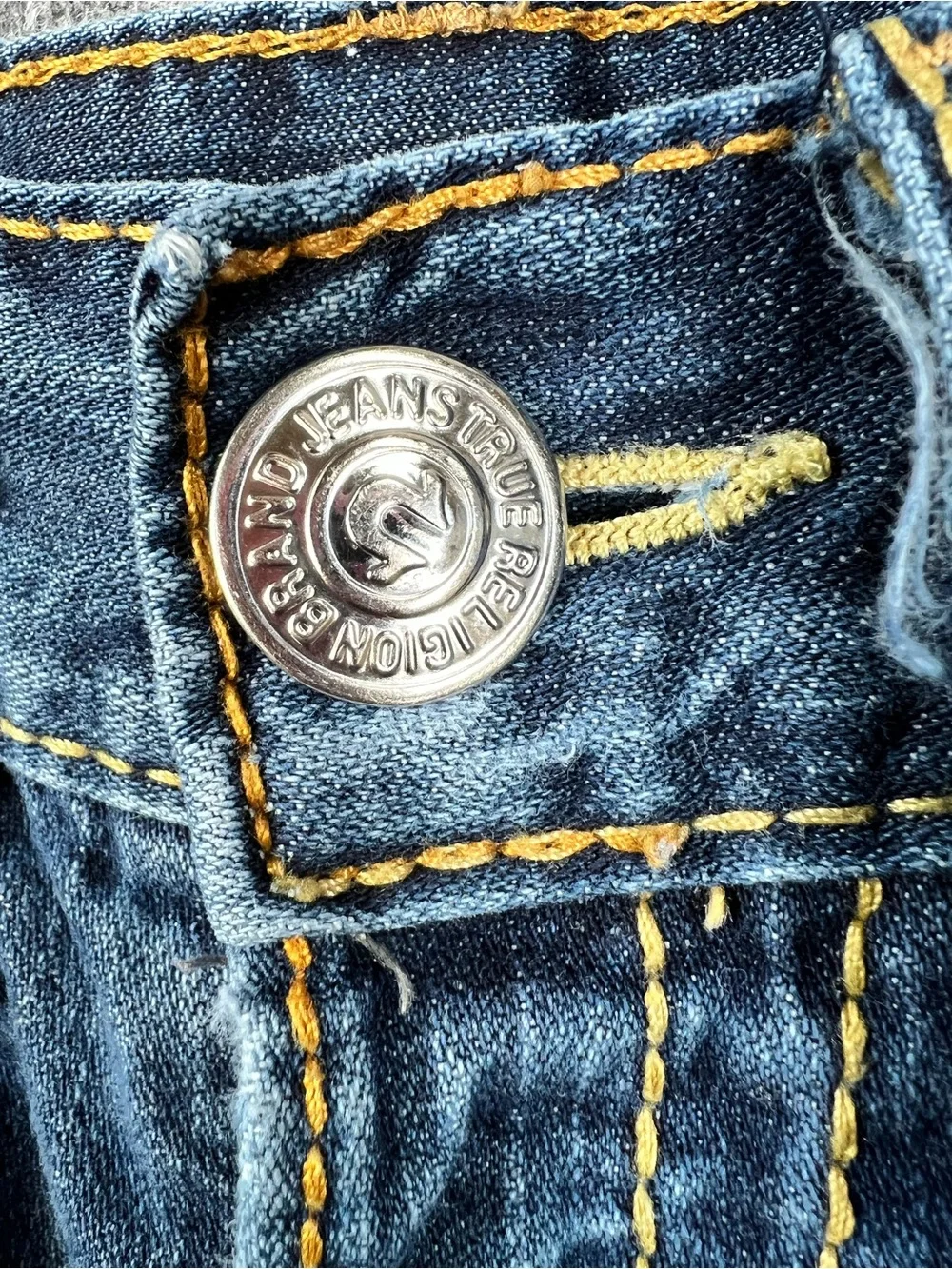 True Religion Dark Blue Denim Jeans with Yellow Contrast Stitching
